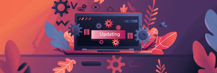 Poster - Laptop updating software with progress bar and gears working