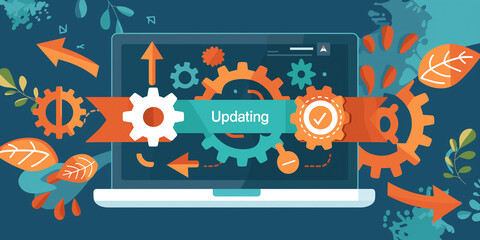 Aufkleber - Laptop updating software with progress bar and gears system update concept