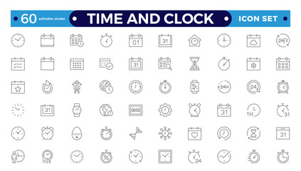 Time icon set. Timer, alarm, schedule, hourglass, clock icons. Outline time and clock icon collection.
