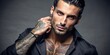 © Caitlin - Suave Italian mogul with chiseled features, tanned skin, and neck tattoo exudes confidence and sophistication in luxurious black attire, seductive gaze pierces the camera.