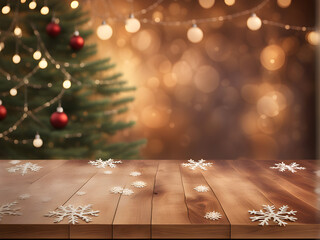 Wall Mural - Empty woooden table top with abstract warm living room decor with christmas tree string light blur background with snow,Holiday backdrop,Mock up banner for display of advertise product