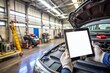 © Autun - A digital tablet lies on a truck's side panel in a garage, surrounded by tools and equipment, with a pretrip technical inspection checklist displayed on the screen.