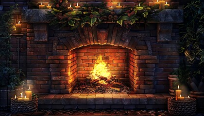 Wall Mural - Cozy fireplace with crackling fire, brick background, warm lighting, inviting and comforting