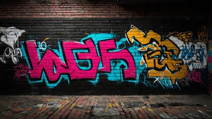 black brick wall with grungy texture and graffiti for background