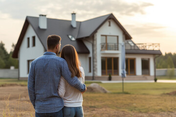 Happy couple together standing in front of their new house ownership, modern residential area.