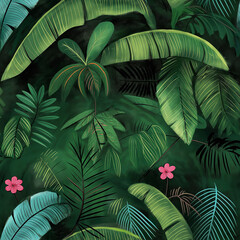 Wall Mural - Illustrated Tropical Foliage with Various Green Leaves and Pink Flowers in a Lush Jungle Setting