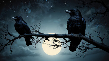 Wall Mural - A detailed digital illustration of Odin's ravens, Huginn and Muninn, perched on branches or flying, representing thought and memory, with space for text.