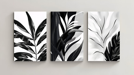 Sticker - A set of canvases with an abstract foliage in white and black. Plant art design