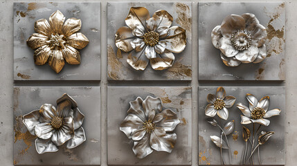 Wall Mural - A set of canvases with silver and golden flowers on gray background. Metal style