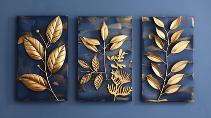 Wall Mural - A set of three 3D botanical wall art panels with golden leaves on a blue background