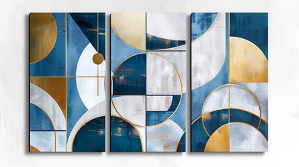 Wall Mural - A set of three abstract painting geometric wall art panels with blue and gold shapes