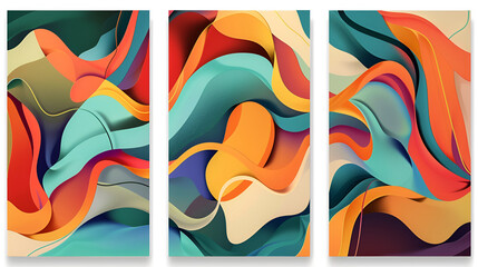 Canvas Print - A set of three vibrant abstract art panels featuring colorful fluid curves and dynamic shapes