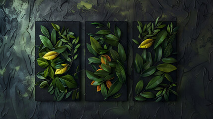 Poster - 
Set of three abstract 3D botanical wall art panels with green and yellow leaves on a textured dark background