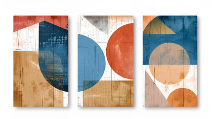 Poster - Set of Three Abstract Posters Featuring Geometric Abstract Art on Textured Wooden Panels