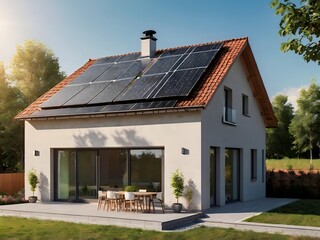 Close-up of a new suburban house with a photovoltaic system on the roof. Simple and modern environmentally friendly house with solar panels on the gable roof, with sunlight during the day