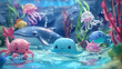 © NoonPanaya - Fantasy scene of a whimsical underwater world with a diverse group of friendly monsters including a fish, octopus, squid, whale, and shark. They are playfully interacting with each other amidst a sea