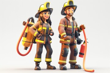 male and female firefighters characters with hoses and fire extinguishers. cartoon 3d illustration s