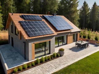 Close-up of a new suburban house with a photovoltaic system on the roof. Simple and modern environmentally friendly house with solar panels on the gable roof, with sunlight during the day