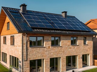 Close-up of a new suburban house with a photovoltaic system on the roof. Simple and modern environmentally friendly house with solar panels on the gable roof, with sunlight during the day