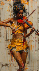 Wall Mural - Artistic portrait of a young woman playing the violin, with vibrant paint splashes on her body and background. Ideal for music album covers or social media design.