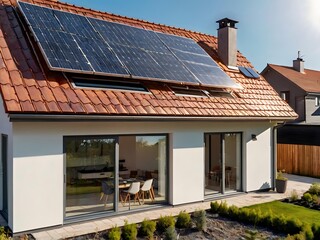 Close-up of a new suburban house with a photovoltaic system on the roof. Simple and modern environmentally friendly house with solar panels on the gable roof, with sunlight during the day