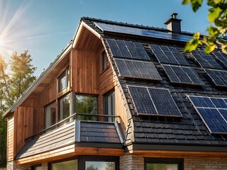 Close-up of a new suburban house with a photovoltaic system on the roof. Simple and modern environmentally friendly house with solar panels on the gable roof, with sunlight during the day