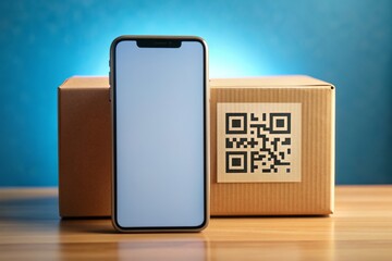 Modern smartphone screen displaying a digital qr code in high contrast on a bright background to quickly identify and locate a nearby cardboard package.