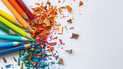 Canvas Print - Colorful pencils and shavings on white background with empty space