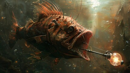 Wall Mural - High-resolution depiction of an anglerfish with a lure made from discarded light bulbs and metal scraps in a polluted ocean ensuring significant empty space around the edges Stock Photo with copy