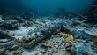 © anantachat - Detailed image of a sea cucumber composed of metal scraps and plastic fragments in a haunting underwater landscape leaving ample empty space on the left side of the image Stock Photo with copy space