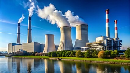 power plant with cooling towers and smoke stacks.