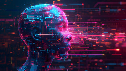 A digital illustration of an AI robot head with glowing data streams in the background. The cybernetic head profile showcases a digital human head with illuminated circuitry and flowing data.