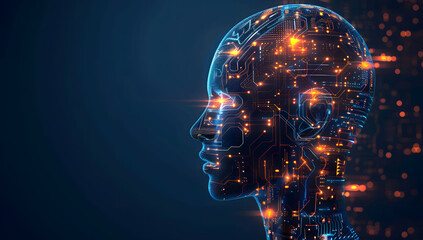 A digital illustration of an AI robot head with glowing data streams in the background. The cybernetic head profile showcases a digital human head with illuminated circuitry and flowing data.