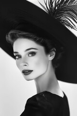 Wall Mural - A black and white photo of a woman wearing a large hat