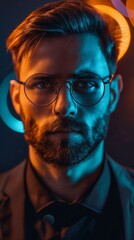 Sticker - A man with glasses and a beard in front of a neon light