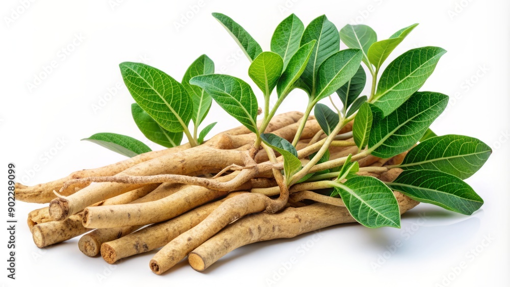 Delicate ashwagandha roots and leaves isolated on a transparent ...