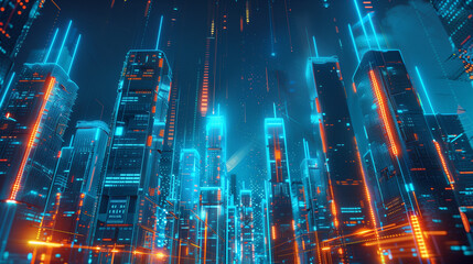 Poster - Futuristic Neon Cityscape at Night with Glowing Skyscrapers