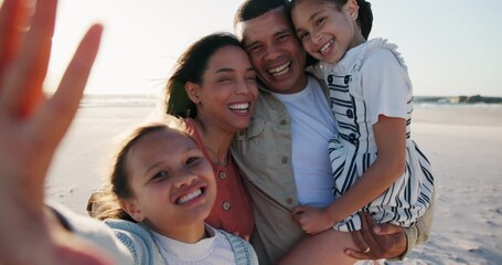 Poster - Girl kids, parents and beach selfie with smile, hug or care for post on web blog with love in nature. Father, mother and daughter children in happy family, photography or social media for sea holiday