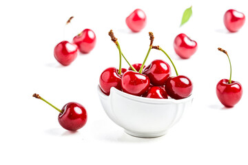 Wall Mural - Bowl of Fresh Cherries on White Background