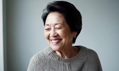 Wall Mural - Portrait video of a pleased Indonesian woman in her 50s wearing a chic cardigan against a minimalist or empty room background 