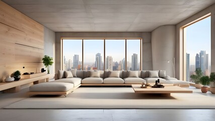 Interior of a contemporary, large living room made of light wood and concrete, with blank spaces for the wall, furniture, window, and city view