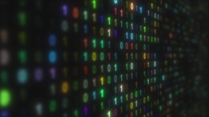 Multicolored technological binary code on black transparent screen in 4K loop. Concept of technology, IT sphere, process automation, big data