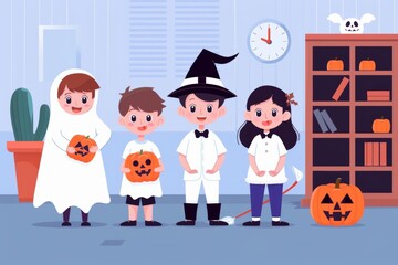 Wall Mural - a Halloween-themed classroom with kids in costumes.