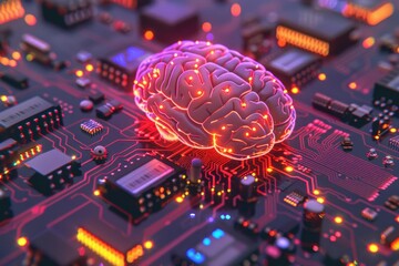 Sticker - Cybernetic brain on a futuristic circuit board glowing with neon lights symbolizing advanced AI and technology integration in a high tech setting.