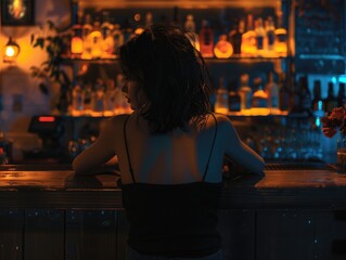 Canvas Print - Woman at Bar with Bottles