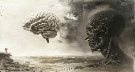 Wall Mural - A brain illustration with the left side showing structured, logical elements and a sense of emptiness. This side represents the limitations and frustration of relying solely on rational thought 