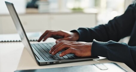 Poster - Hands, typing and business workplace with laptop, internet research and company project or social networking. Professional, work office and email with communication, person and connection on table