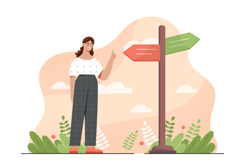 Woman with path selection. Young girl on road near signs and boards. Aspiring specialist chooses career path. Dilemma and decision. Flat vector illustration isolated on white background