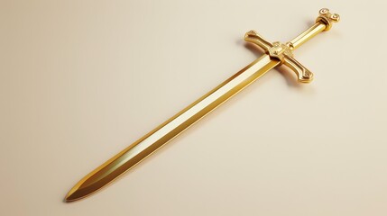 A golden sword with a cross hilt lies on a white background. The sword is a symbol of power, strength, and courage.