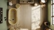 © Aris Suwanmalee - Top-down view of a minimalist bathroom with a freestanding bathtub, wooden floor and natural light streaming in.
